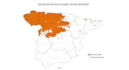 Mapa de la distribución del lobo en España, por MITECO.