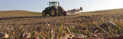 Un tractor trabaja en un campo reseco de Morata de Taju&ntilde;a (Madrid).