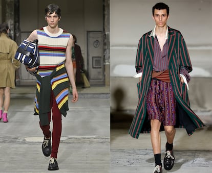 Dos modos de entender el motivo a rayas de colores en Dries Van Noten.