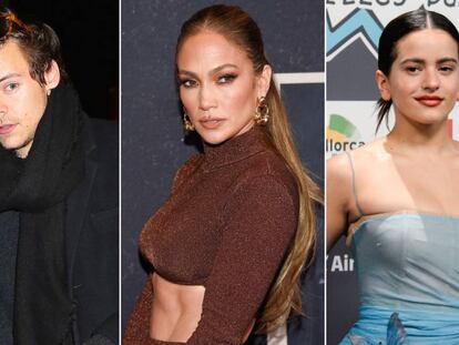 De izquierda a derecha, Harry Styles, Jennifer Lopez y Rosalía.