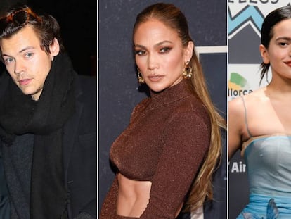 De izquierda a derecha, Harry Styles, Jennifer Lopez y Rosalía.