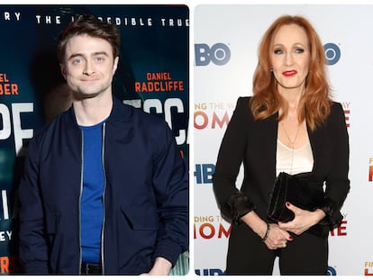 Desde la izquierda: Daniel Radcliffe, J. K. Rowling y Rupert Grint.