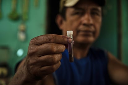 Un trabajador de un rancho sostiene un tubo con larvas del gusano barrenador en Cintalapa, Chiapas.