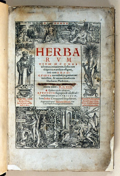 La portada del libro 'Herbarum vivae eicones ad nature imitationem', escrito por Otto Brunfels en 1530.