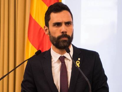 President of the Parliament of Catalonia, Roger Torrent delivers a speech at the Parliament of Catalonia. 