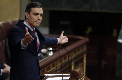 El presidente del gobierno Pedro Sánchez en un momento de su intervención en el debate de investidura.