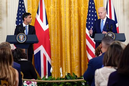 President Joe Biden speaks during a news conference with British Prime Minister Rishi Sunak