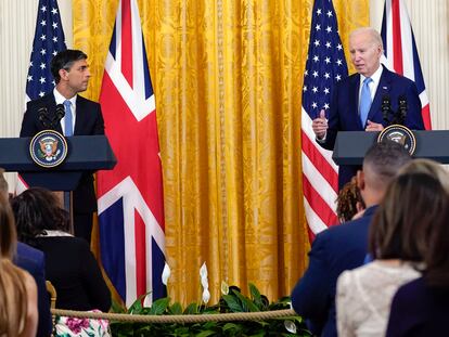 President Joe Biden speaks during a news conference with British Prime Minister Rishi Sunak