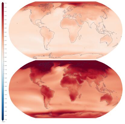 Proyección sobre el aumento de las temperaturas medias en el planeta con un calentamiento global de 1,5 grados (arriba) y un calentamiento de 4 grados (abajo).