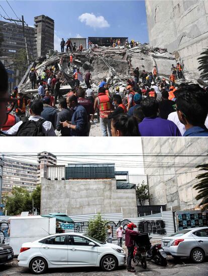 Esta combinación de imágenes aéreas muestra una imagen de archivo tomada el 19 de septiembre de 2017 (arriba) en el barrio de Roma en la Ciudad de México momentos después de un fuerte terremoto. En la foto de abajo, el mismo lugar el 10 de septiembre de 2018.