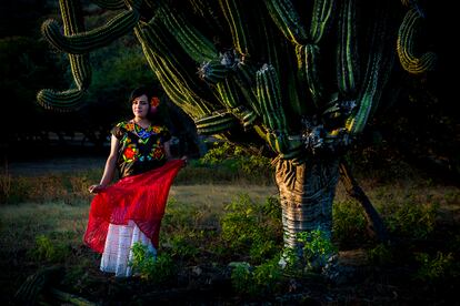 Alondra, muxe que estudia maquillaje y trabaja en un puesto del mercado donde vende huipiles (blusas indígenas) en México.