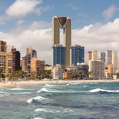 Benidorm is a town on the Costa Blanca in Spain, northeast of Alicante in the province of Alicante in the Valencian Community, Spain. Once a small village for fishing, today it is for mass tourism with many tall hotels and appartment buildings.