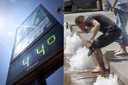 Un termómetro marca 44 grados ayer en Valencia. A la derecha, un hombre se refresca en la calle en Elche.