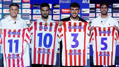 De izquierda a derecha, las presentaciones de Almada, Álex Baena, Ruggeri y Johnny Cardoso, jugadores fichados por el Atlético esta temporada.