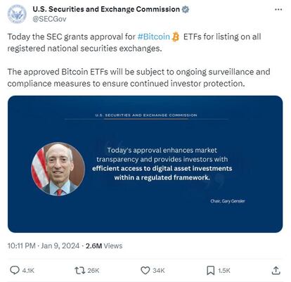 Captura del tuit retirado de la cuenta oficial de Twitter de la SEC.