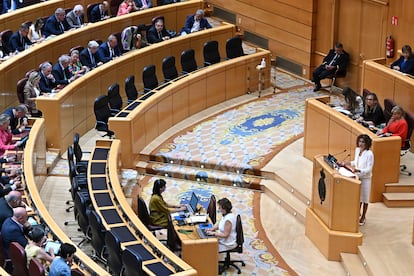 La vicepresidenta primera y ministra de Hacienda, María Jesús Montero, durante su comparecencia en el Senado el pasado día 4 en la que explicó el acuerdo fiscal para Cataluña.