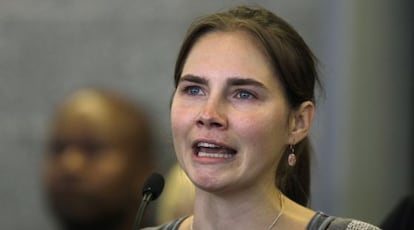 Amanda Knox, en la comparecencia de prensa en el aeropuerto de Seattle.