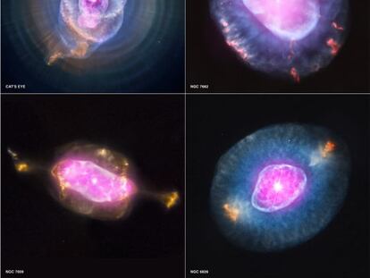 Imagen de las nebulosas planetarias NGC6543, NGC7662, NGC 7009 y NGC 6826 captadas en rayos X con el telescopio ‘Chandra’ y en luz visible con el ‘Hubble’.