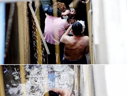 En la imagen superior, traslado de los torturados en un patio de Garden City, El Cairo. En la foto se ve a un militar. En la imagen inferior, estado de uno de los jóvenes durante un descanso en la sesión de golpes, el 10 de marzo de 2011.