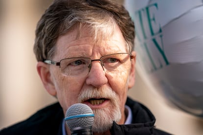 Jack Phillips, who's case was heard by the Supreme Court five years ago after he objected to designing a wedding cake for a gay couple, speaks to supporters outside the Supreme Court in Washington, Monday, Dec. 5, 2022.