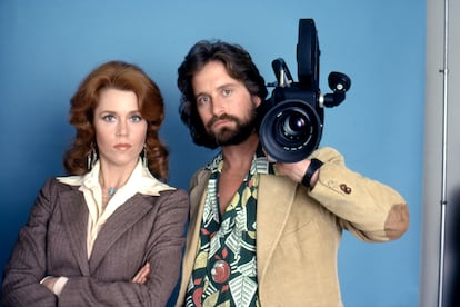 Jane Fonda and Michael Douglas in 1979, on the set of 'The China Syndrome.'