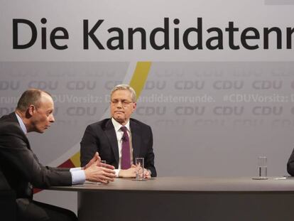 De izquierda a derecha, Friedrich Merz, Norbert Roettgen y Armin Laschet, candidatos a suceder a Angela Merkel al frente de la CDU.