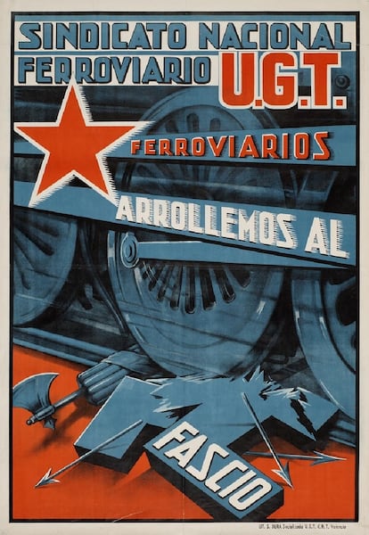 Cartel del Sindicato Nacional Ferroviario y UGT, del año 1937.