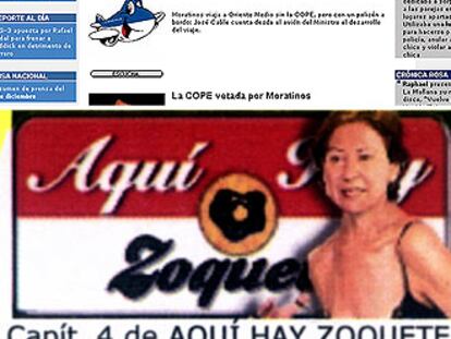 Arriba página del programa <i>La Mañana,</i> donde se puede ver el logotipo del <i>Grupo Risa<i>; abajo la presentación del montaje de las ministras desnudas.