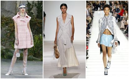 De izquierda a derecha: tonos sorbete en los vestidos inspiración años veinte de Chanel y más tonos pastel en las colecciones de Victoria Beckham y Louis Vuitton.