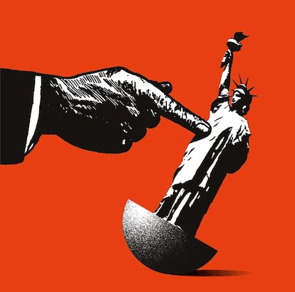 Ilustración de Mikel Jaso para la tribuna 'La democracia en América', de Ignacio Sánchez-Cuenca, 17 de abril de 2025.
