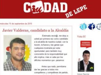 Página de IU de Lepe en Internet con la presentación de Javier Valderas como candidato.