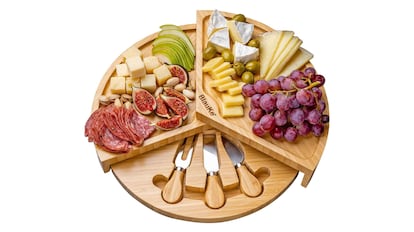 Tabla de quesos y aperitivos de madera, diseño circular