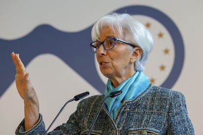 Christine Lagarde, presidenta del BCE, durante la conferencia de observadores del BCE