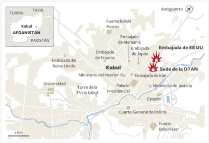 Atentado contra la embajada de EE UU y la sede de la ONU en Kabul.