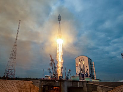 A Soyuz-2.1b rocket booster with a Fregat upper stage and the lunar landing spacecraft 'Luna-25' blasts off from a launchpad at the Vostochny Cosmodrome, Russia, August 11, 2023.
