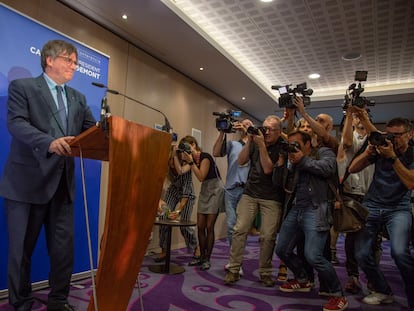 Carles Puigdemont, durante una conferencia este martes en Bruselas.