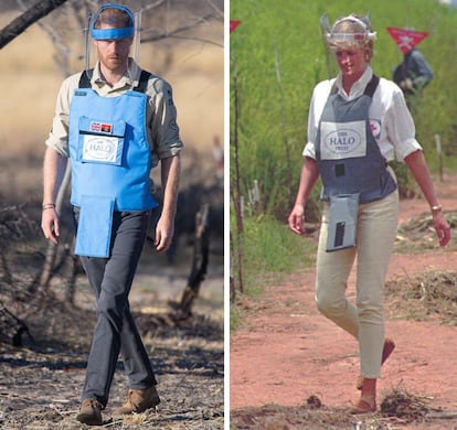 El duque de Sussex caminando por un campo de minas para ver el trabajo de limpieza de Halo Trust, en Dirico, y su madre, la princesa Diana visitando los campos minados en las altas mesetas cerca de Huambo, Angola, el 15 de enero de 1997.