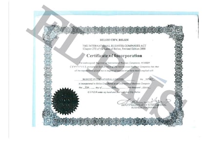 Certificado de una sociedad en Belice vinculada a los padres del exministro de Panamá Demetrio Papadimitriu.