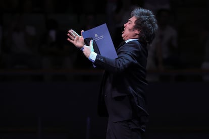 El presidente argentino, Javier Milei, durante su intervención en el Madrid Economic Forum, este domingo.