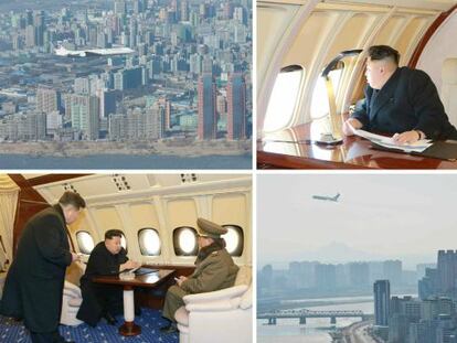 Imágenes difundidas por el Gobierno norcoreano de su líder Kim Jong-un en su nuevo jet privado sobrevolando Pyongyang.