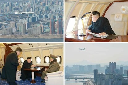 Imágenes difundidas por el Gobierno norcoreano de su líder Kim Jong-un en su nuevo jet privado sobrevolando Pyongyang.