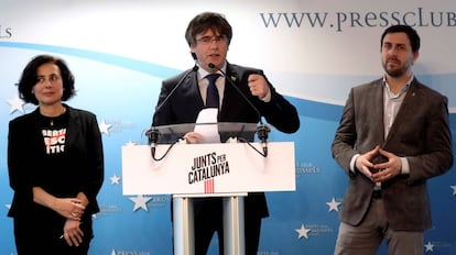 Carles Puigdemont, en la presentación de la candidatura de Junts per Catalunya, en Bruselas el pasado abril. 