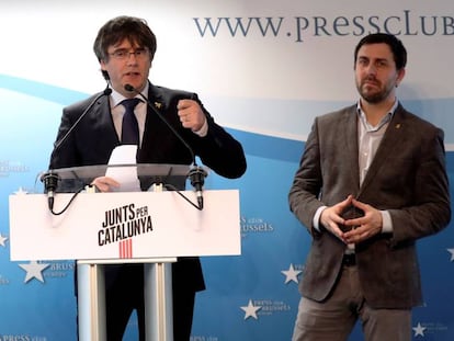 Carles Puigdemont, en la presentación de la candidatura de Junts per Catalunya, en Bruselas el pasado abril. 