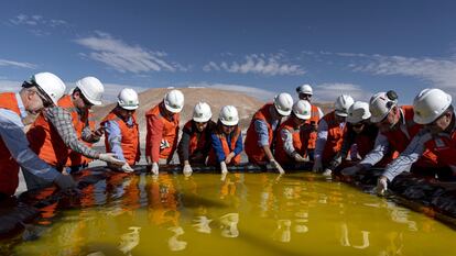 Miembros de la Sociedad Química y Minera producen litio en el desierto de Atacama, en Chile.