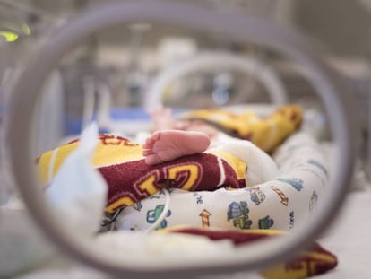 Un bebé prematuro en una incubadora.