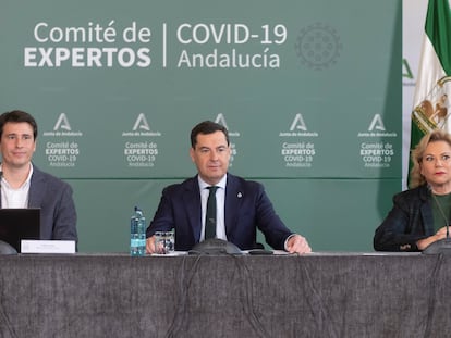 El presidente de la Junta de Andalucía, Juan Manuel Moreno, durante la reunión del comité de expertos para analizar la situación del covid en Andalucía celebrada en el Palacio de San Telmo.
