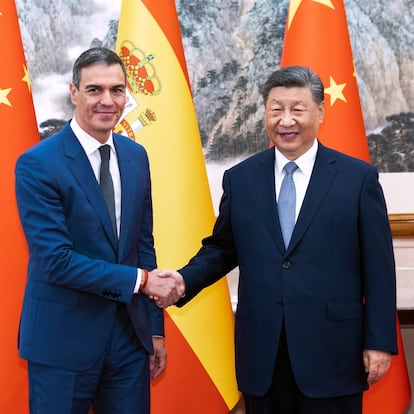 In this photo released by Xinhua News Agency, visiting Spainish Prime Minister Pedro Sanchez, left, meets with Chinese President Xi Jinping at the Diaoyutai State Guesthouse in Beijing, Monday, Sept. 9, 2024. (Huang Jingwen/Xinhua via AP)