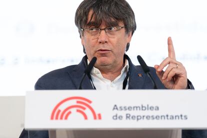 El expresidente de la Generalitat, Carles Puigdemont, este sábado en su intervención ante el Consell de la República