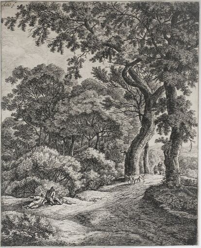 El pintor y grabador Anthonie Waterloo (1609-1690) compuso este aguafuerte, 'Dos viajeros descansando en un bosque' hacia 1650. Esta pieza pertenece a una serie de seis paisajes verticales con árboles.