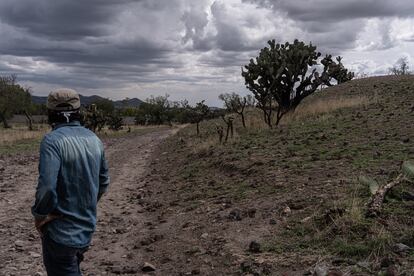 Guillermo, un poblador de la zona observa  al lado del monolito de Oztoyahualco.